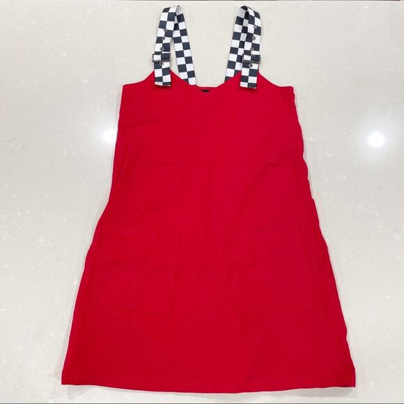 Lazy Oaf Checkered Buckle-Strap Pinafore Dress Red Black White XS - Picture 3 of 10